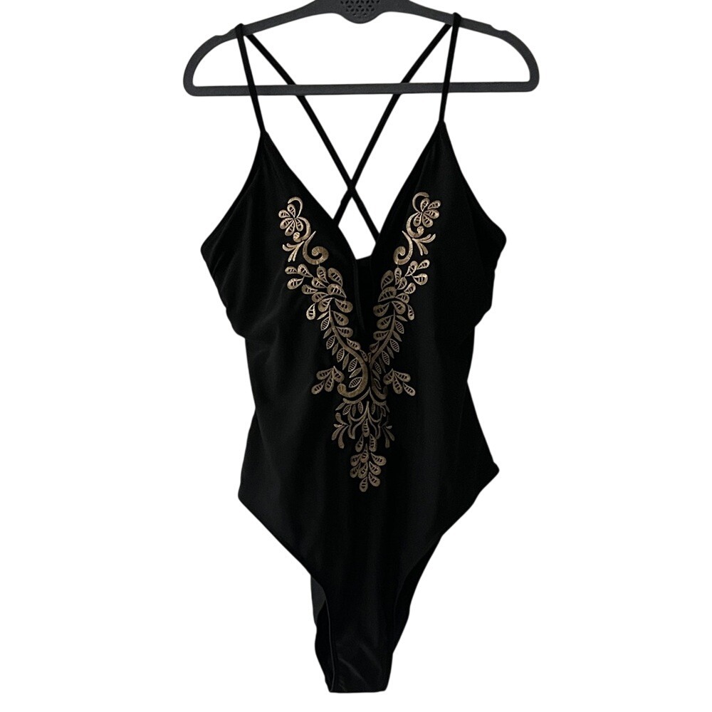 SHEIN Black One-Piece Swimsuit with Gold Embroidery 2XL‎